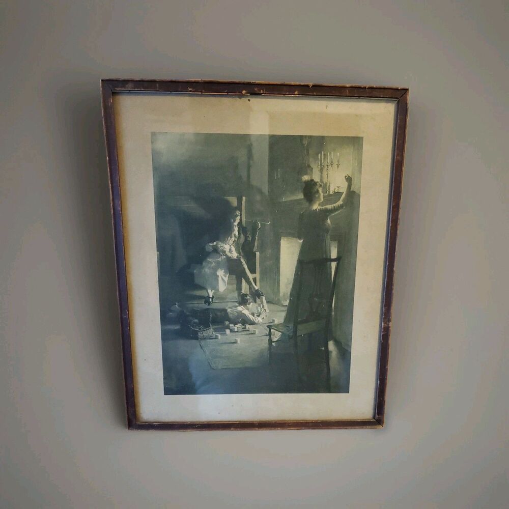 Vintage 1903 WL Taylor Homekeeping Hearts Wood Framed Print 12x9.5 Art Antique